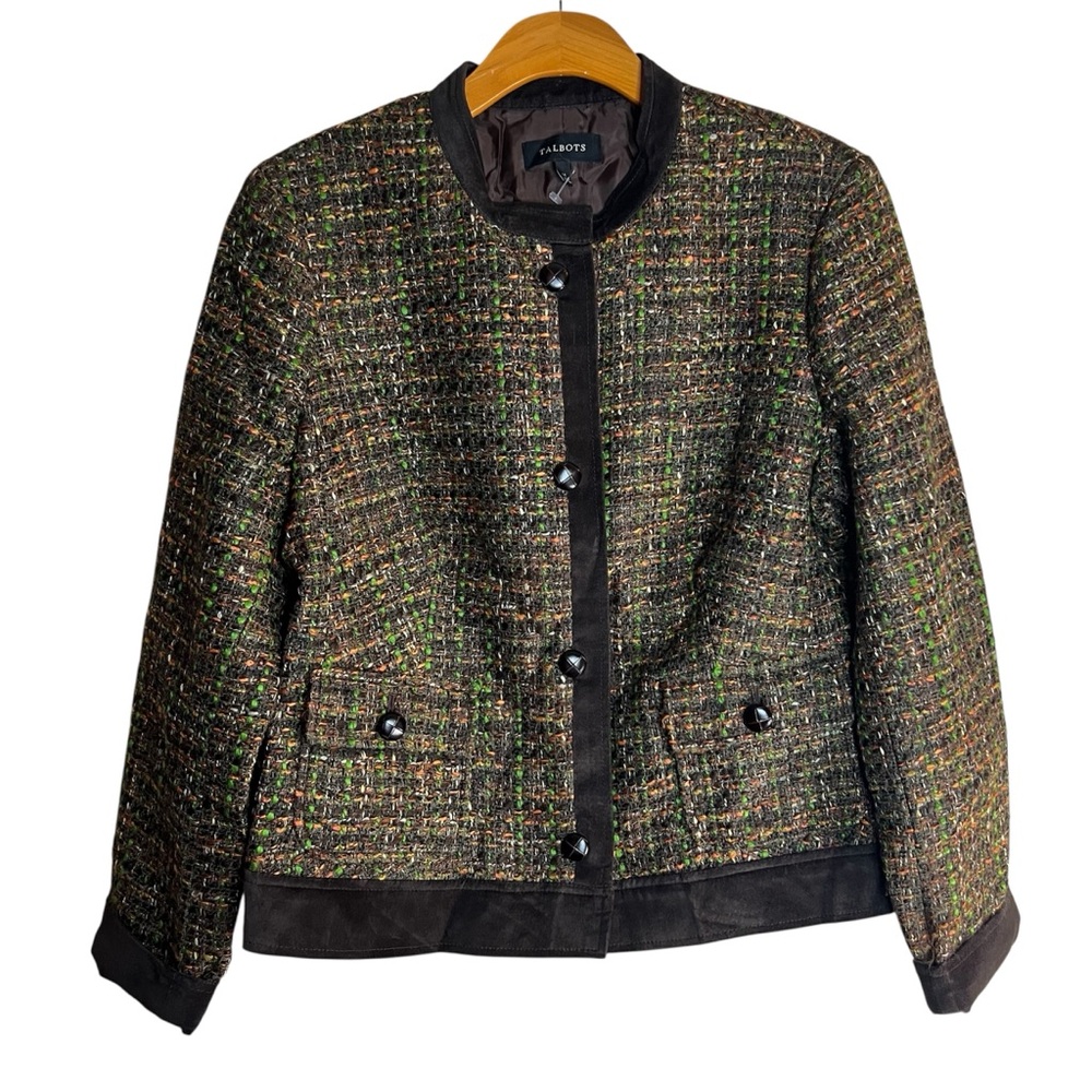 Talbots Tweed Blazer Velvet Trim Jacket Fully Lined Button Front Heritage Classy